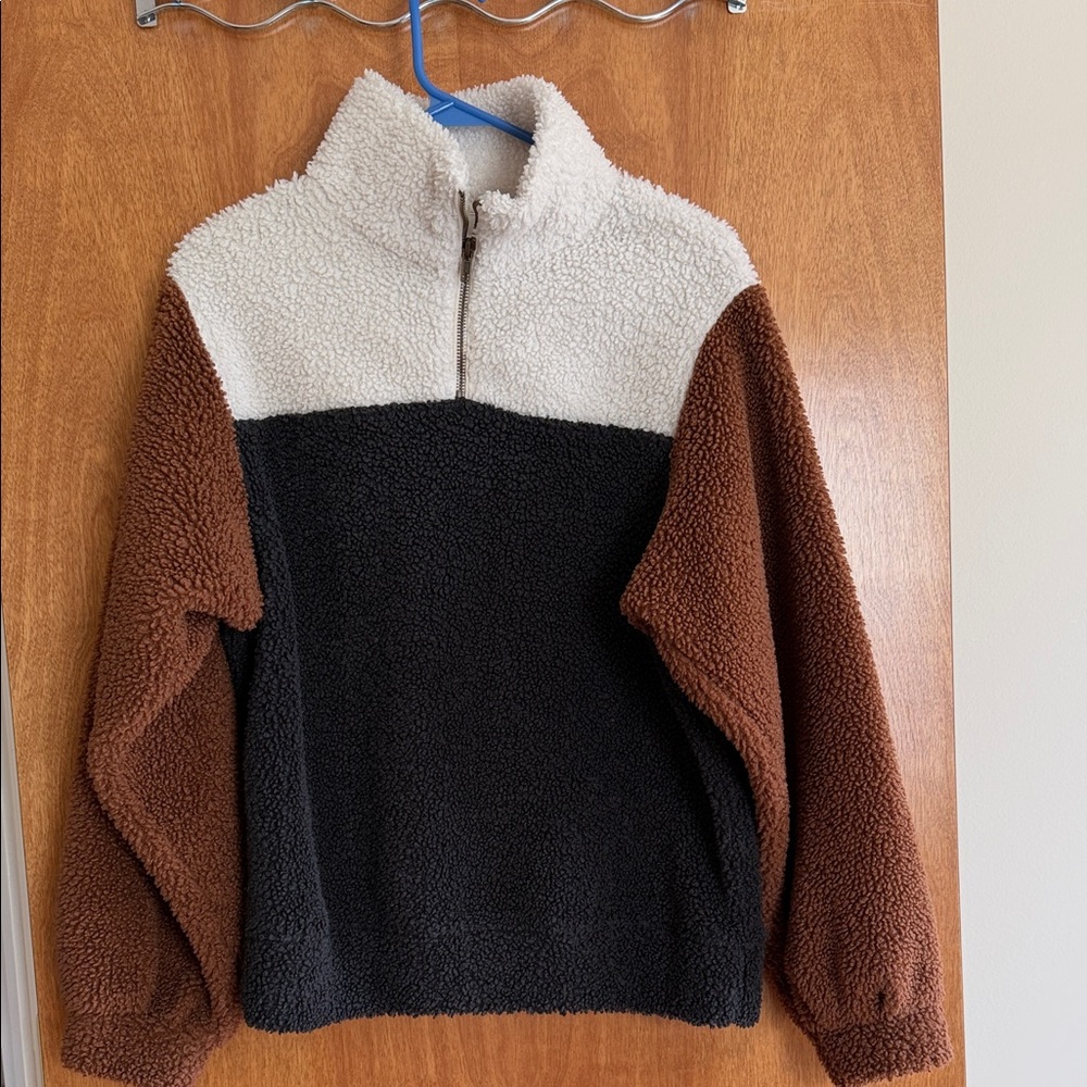 Universal Thread Colorblock Sherpa Pullover - Cream, Black & Brown